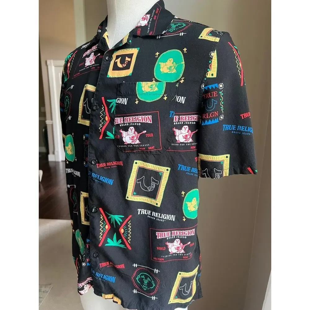 True Religion resort wear print collar black button down shirt size L